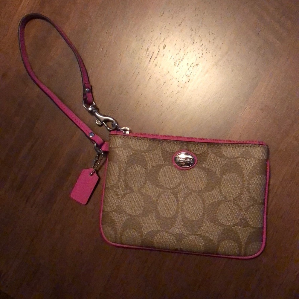 Coach brown and pink wristlet